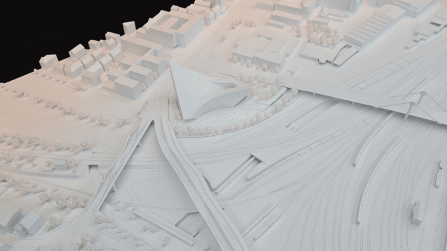 Umgebungsmodell des Albert Einstein Discovery Center in Ulm mit Stadt- und Brückenkontext.