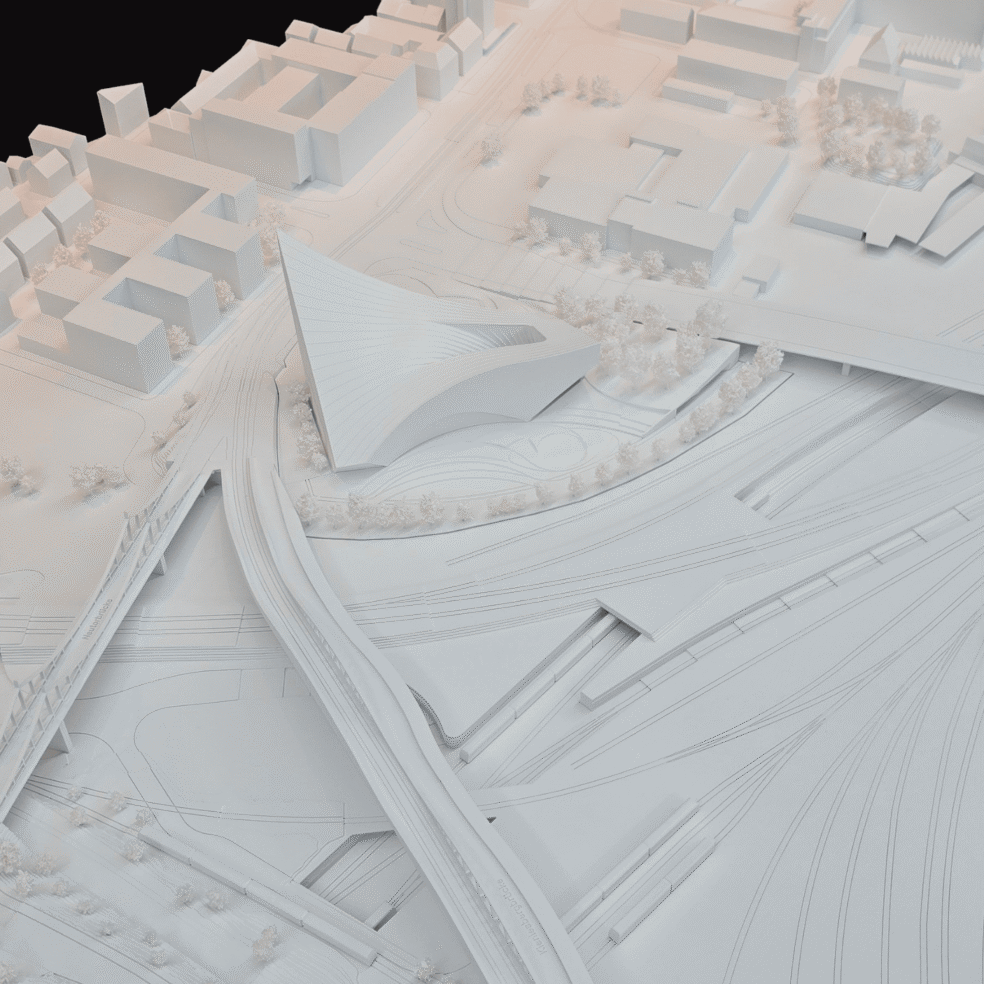 Umgebungsmodell des Albert Einstein Discovery Center in Ulm mit Stadt- und Brückenkontext.