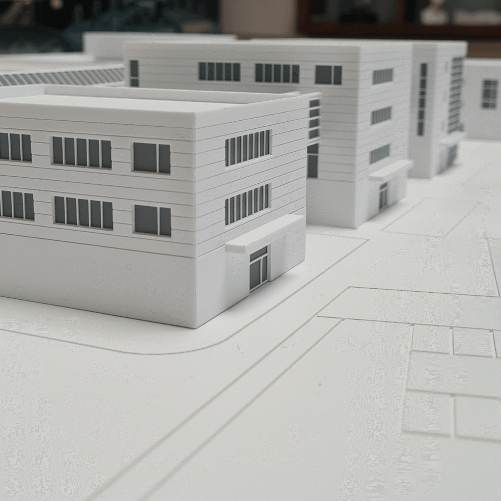 Detail des Architekturmodells des ZSW Ulm mit Parkplatzflächen und Eingangsbereich eines Gebäudes