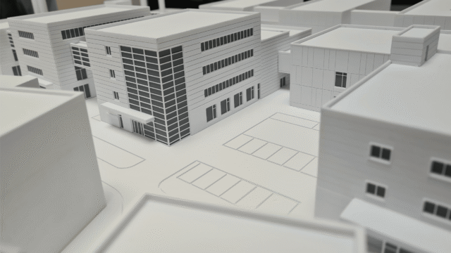 Perspektivische Ansicht des Architekturmodells des ZSW Ulm Campus mit mehreren Gebäuden