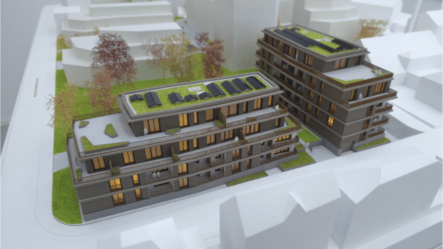 Wohnquartier Aurain Carré als Architekturmodell mit Umfeldbebauung und Freiraum