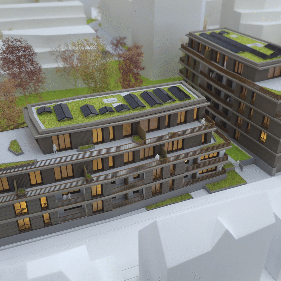 Wohnquartier Aurain Carré als Architekturmodell mit Umfeldbebauung und Freiraum