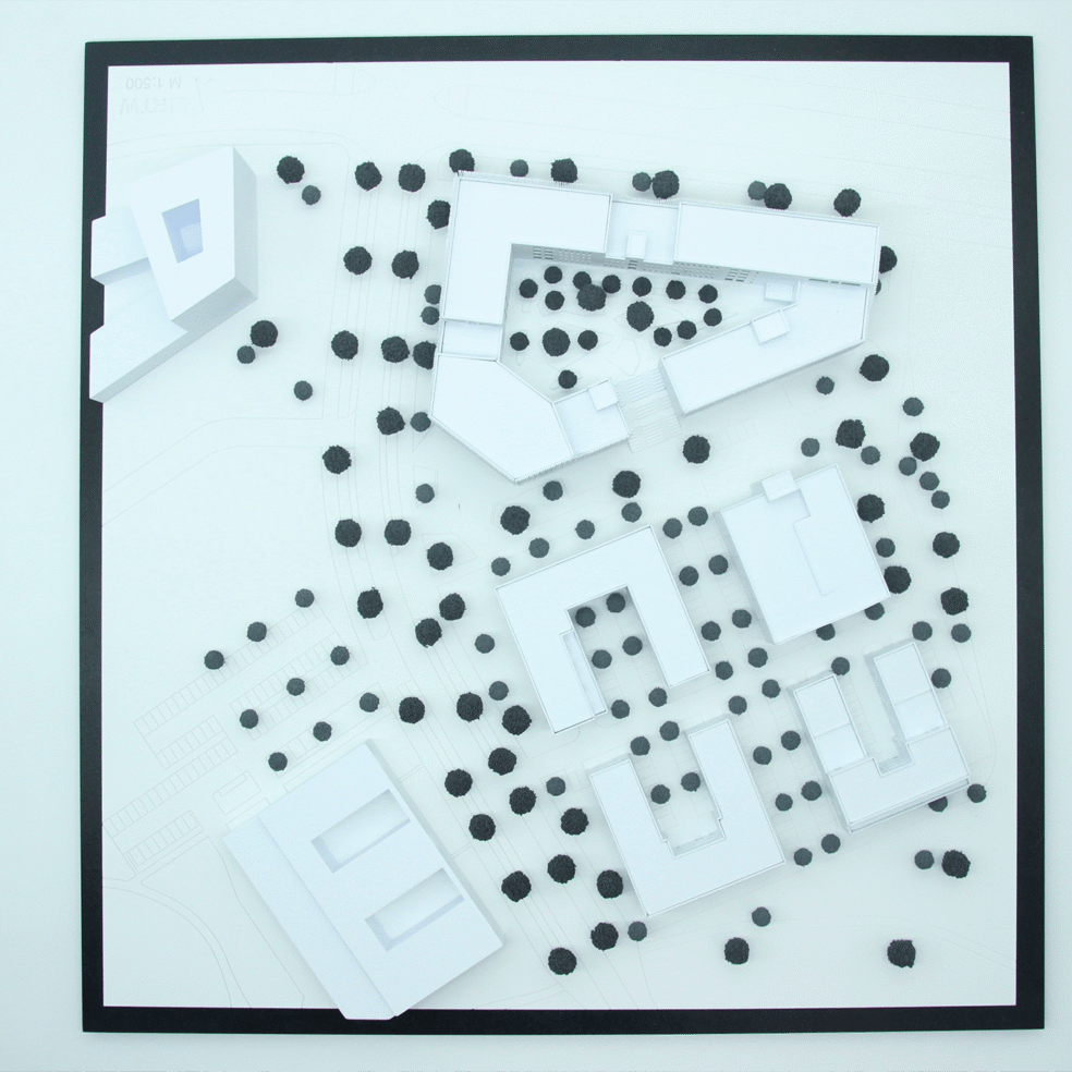 Draufsicht auf das Architekturmodell des Technopark Hannover mit Gebäudeanordnung, Innenhöfen und Erschließung.