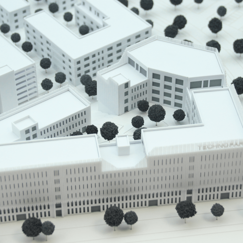 Draufsicht auf das Architekturmodell des Technopark Hannover mit Gebäudeanordnung, Innenhöfen und Erschließung.