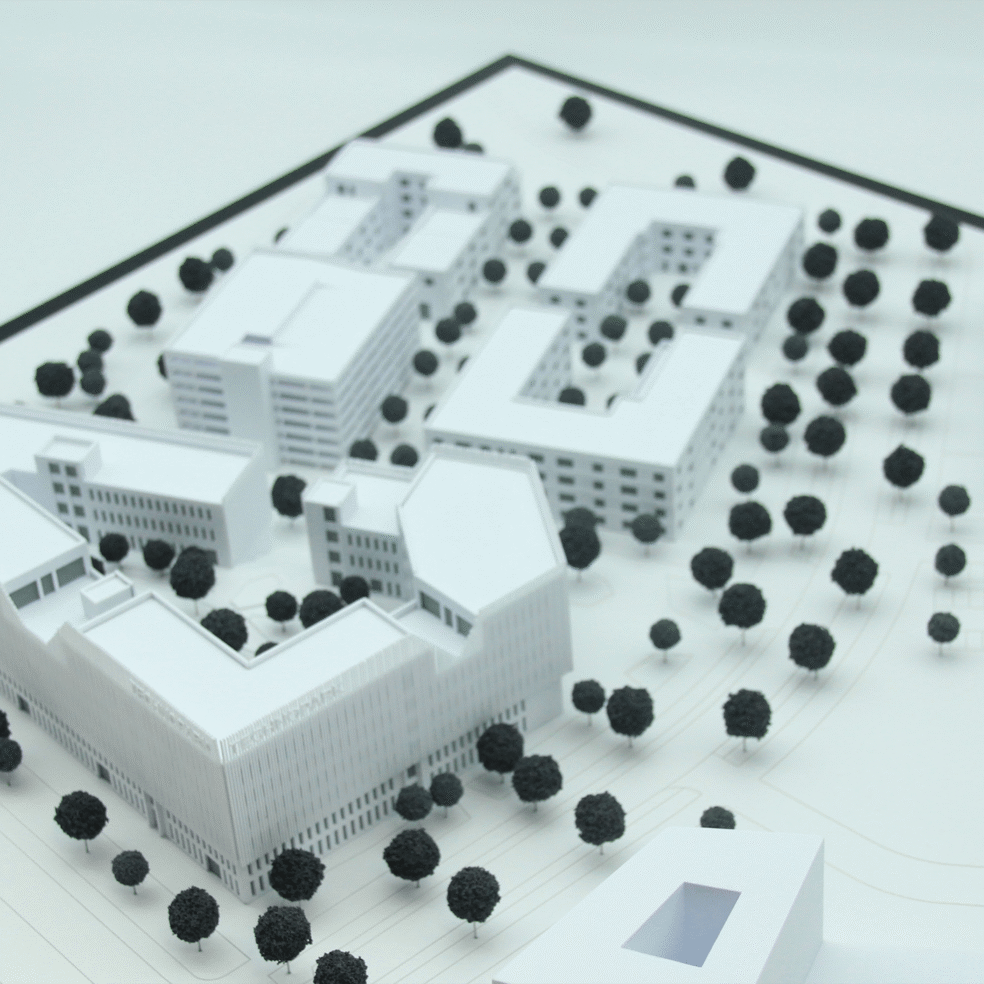 Architekturmodell des Technopark Hannover in perspektivischer Ansicht mit Gebäudeensemble, Höfen und Baumstruktur.